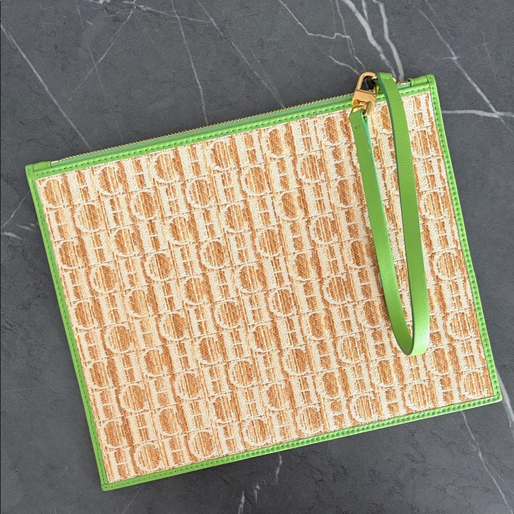 Carolina Herrera Green and Tan Clutch